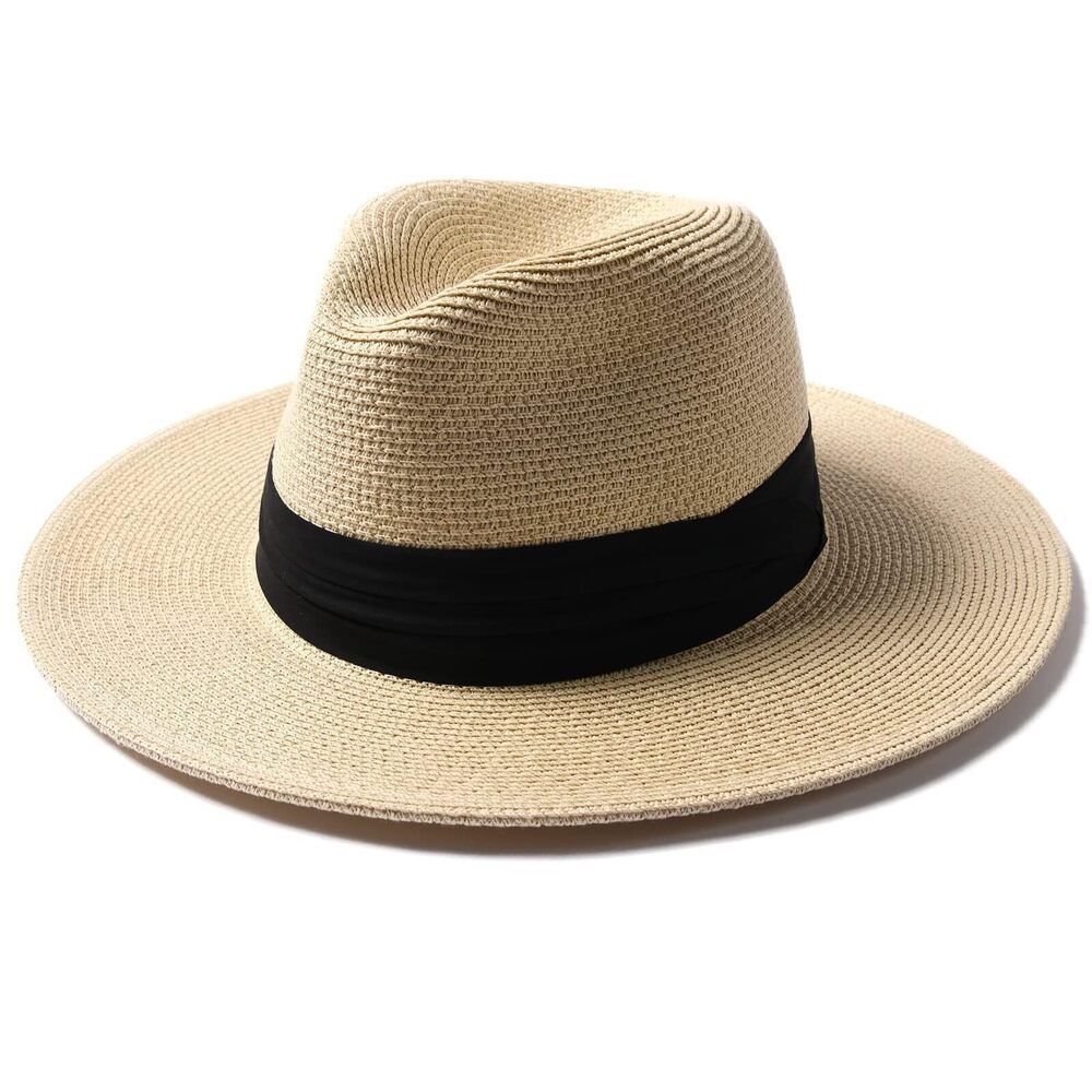 1992 Sun Hats Panama Hat Wide Brim Fedora Straw Beach Hat UV UPF 80+ Beach
